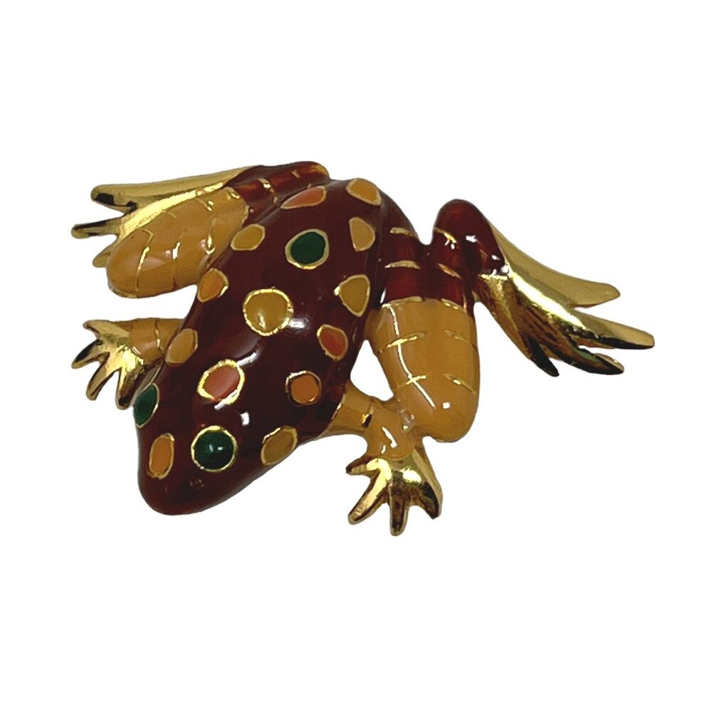 Frog Brooch Brown Enamel Pendant Green‎ Yellow Spots Gold Tone
